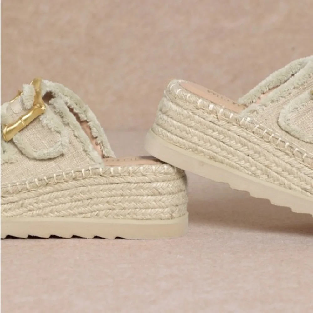 Super Comfortable! Women's Beige Espadrille Raffia Jute Wedge Platform Sandals